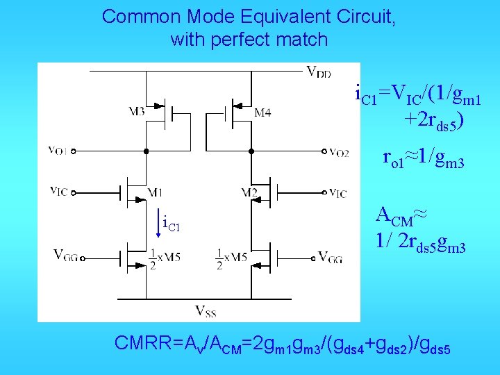 Common Mode Equivalent Circuit, with perfect match i. C 1=VIC/(1/gm 1 +2 rds 5)