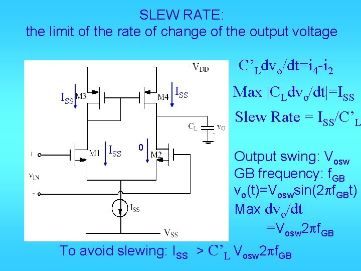 SLEW RATE: the limit of the rate of change of the output voltage C’Ldvo/dt=i