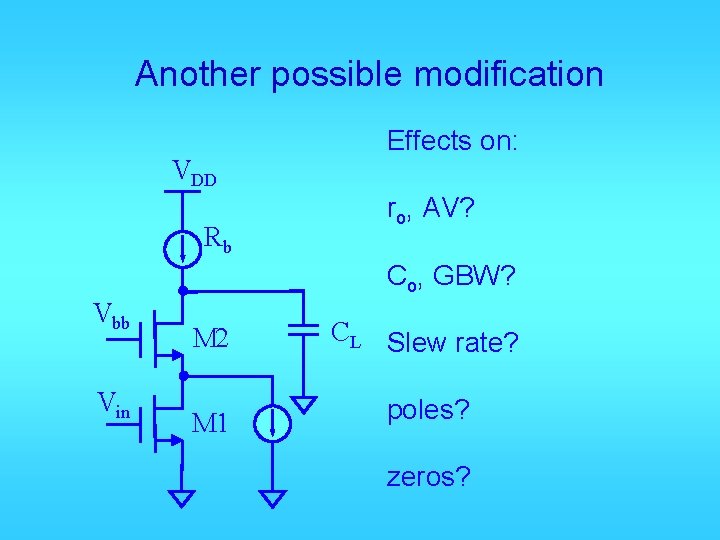 Another possible modification VDD Rb Effects on: ro, AV? Co, GBW? Vbb Vin M