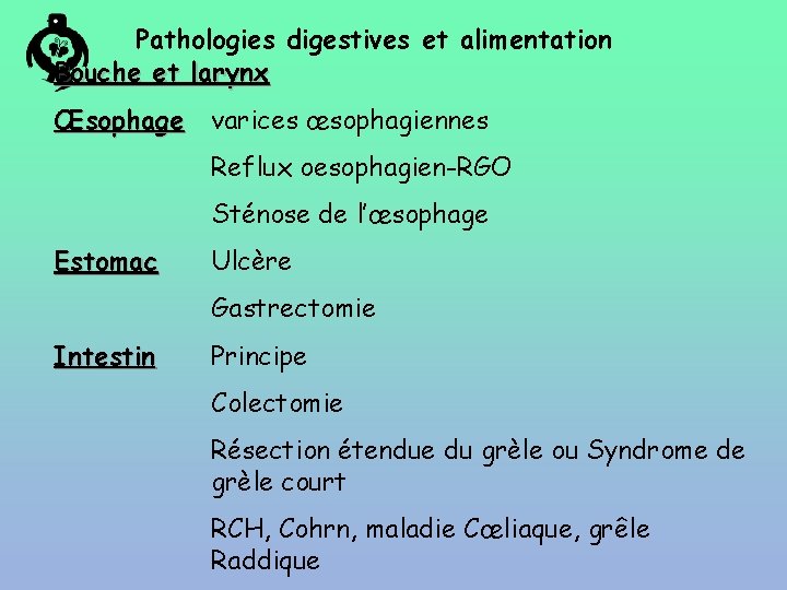 Pathologies digestives et alimentation Bouche et larynx Œsophage varices œsophagiennes Reflux oesophagien-RGO Sténose de