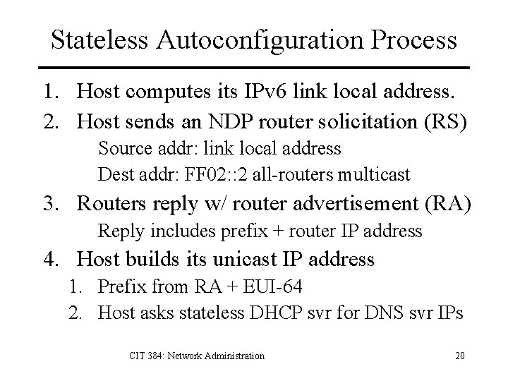 Stateless Autoconfiguration Process 1. Host computes its IPv 6 link local address. 2. Host