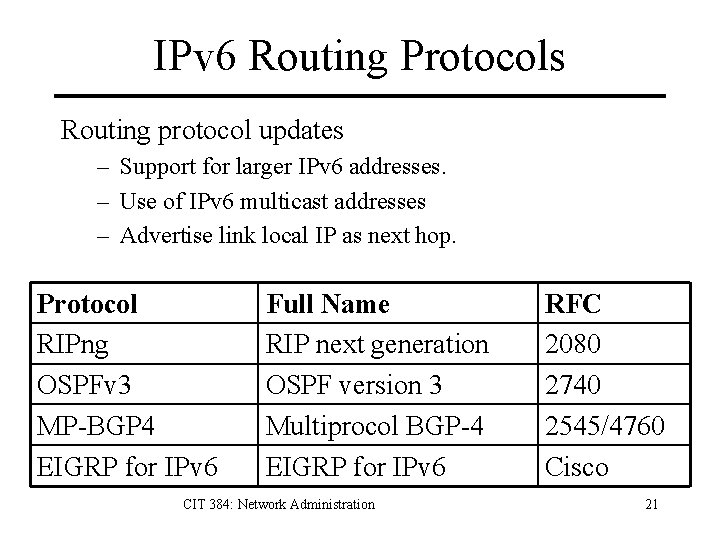 IPv 6 Routing Protocols Routing protocol updates – Support for larger IPv 6 addresses.