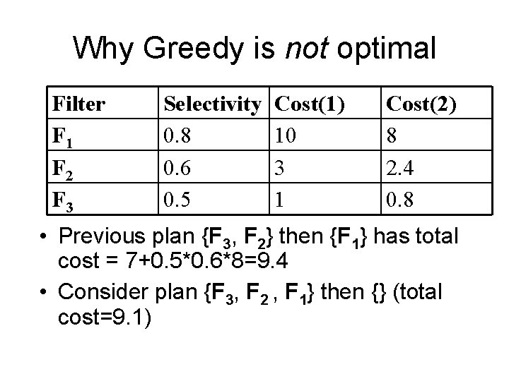 Why Greedy is not optimal Filter F 1 F 2 F 3 Selectivity 0.
