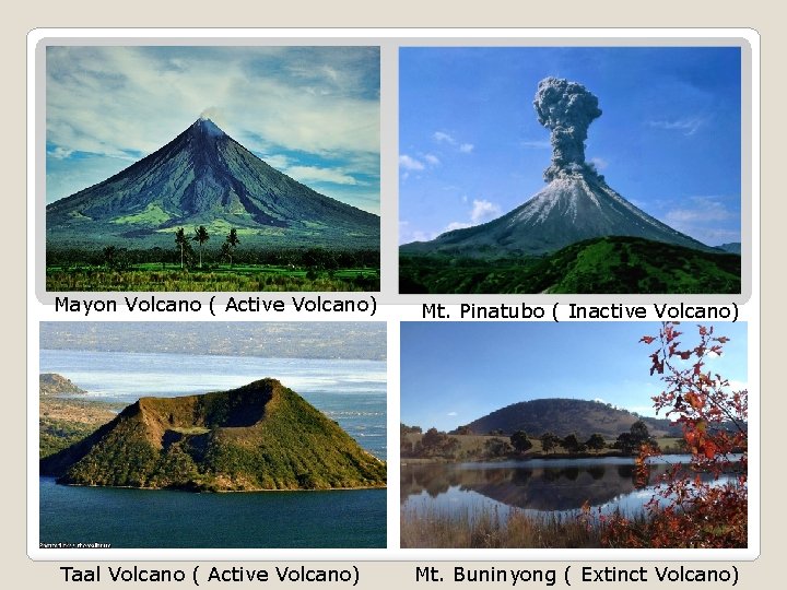 Mayon Volcano ( Active Volcano) Mt. Pinatubo ( Inactive Volcano) Taal Volcano ( Active