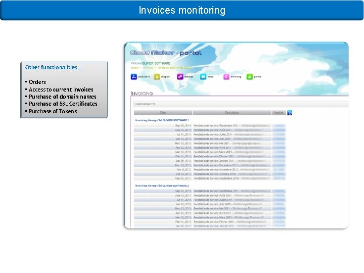 Invoices monitoring Other functionalities… • Orders • Access to current invoices • Purchase of