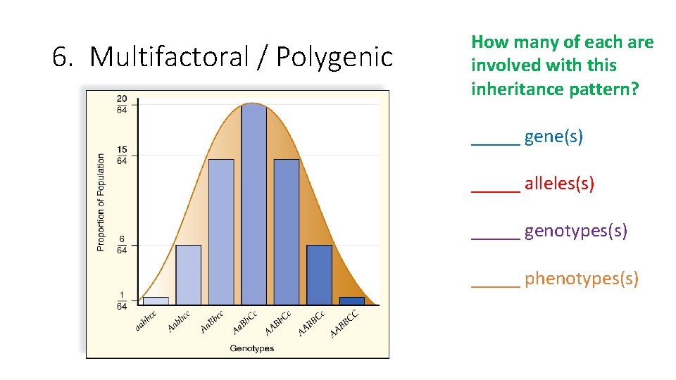 6. Multifactoral / Polygenic How many of each are involved with this inheritance pattern?