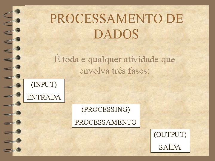 PROCESSAMENTO DE DADOS É toda e qualquer atividade que envolva três fases: (INPUT) ENTRADA