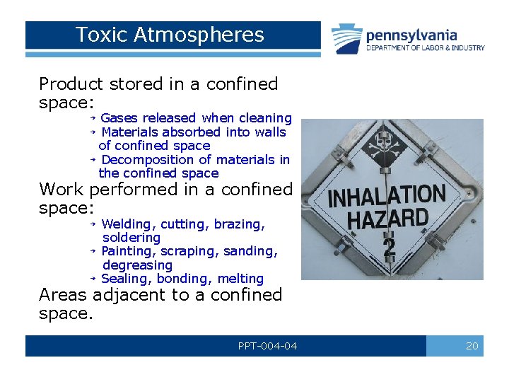 Toxic Atmospheres Product stored in a confined space: ￫ Gases released when cleaning ￫