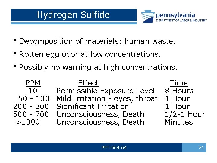Hydrogen Sulfide • Decomposition of materials; human waste. • Rotten egg odor at low
