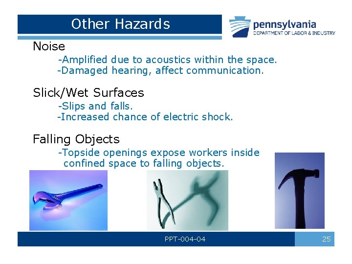 Other Hazards Noise -Amplified due to acoustics within the space. -Damaged hearing, affect communication.