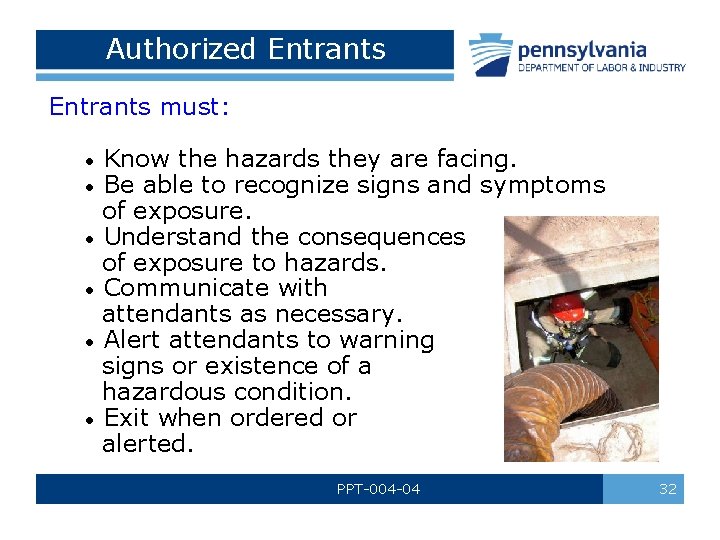 Authorized Entrants must: Know the hazards they are facing. Be able to recognize signs