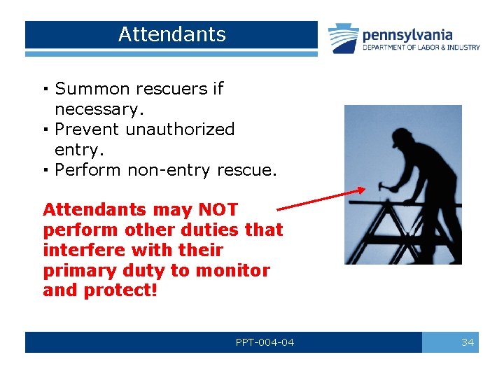Attendants ▪ Summon rescuers if necessary. ▪ Prevent unauthorized entry. ▪ Perform non-entry rescue.