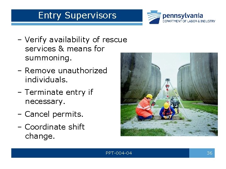Entry Supervisors – Verify availability of rescue services & means for summoning. – Remove
