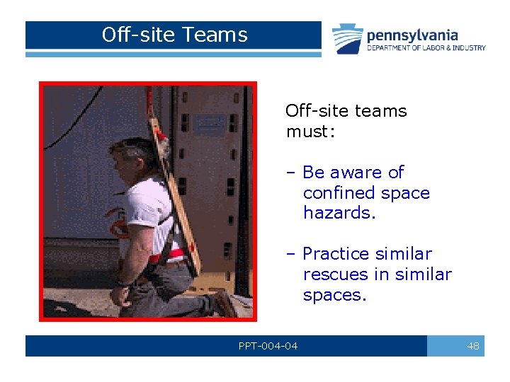 Off-site Teams Off-site teams must: – Be aware of confined space hazards. – Practice