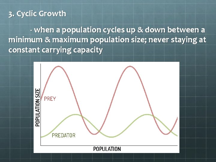 3. Cyclic Growth - when a population cycles up & down between a minimum