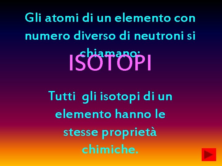 Gli atomi di un elemento con numero diverso di neutroni si chiamano: ISOTOPI Tutti