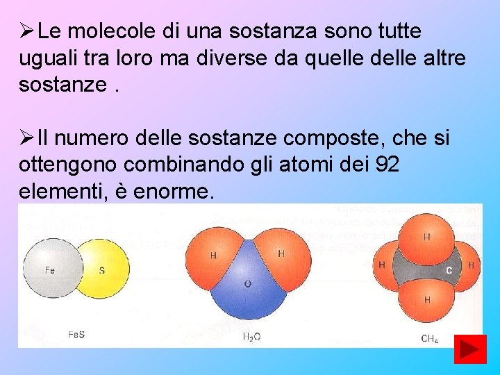 ØLe molecole di una sostanza sono tutte uguali tra loro ma diverse da quelle