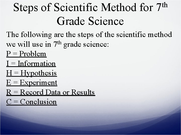 Steps of Scientific Method for Grade Science th 7 The following are the steps