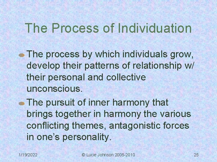 The Process of Individuation The process by which individuals grow, develop their patterns of