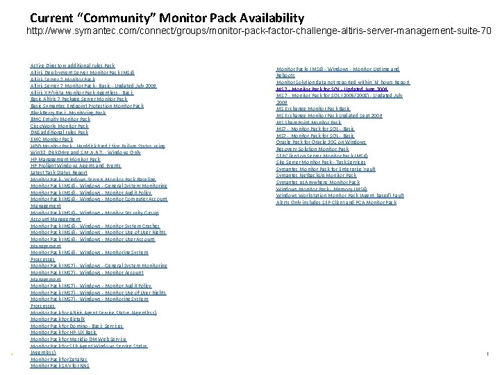 Current “Community” Monitor Pack Availability http: //www. symantec. com/connect/groups/monitor-pack-factor-challenge-altiris-server-management-suite-70 Active Directory additional rules Pack