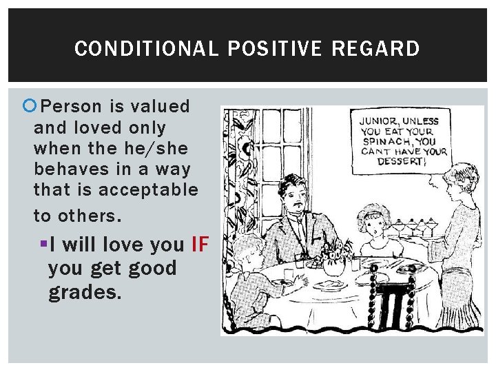 CONDITIONAL POSITIVE REGARD Person is valued and loved only when the he/she behaves in