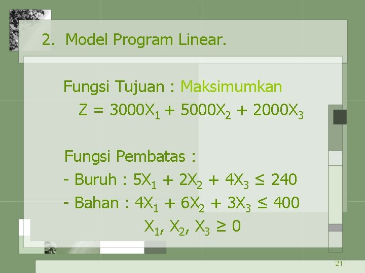 2. Model Program Linear. Fungsi Tujuan : Maksimumkan Z = 3000 X 1 +