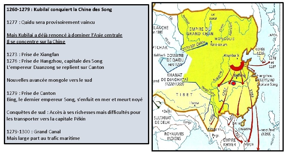 1260 -1279 : Kubilaï conquiert la Chine des Song 1277 : Qaidu sera provisoirement