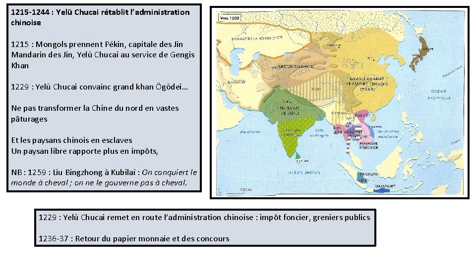 1215 -1244 : Yelü Chucai rétablit l’administration chinoise 1215 : Mongols prennent Pékin, capitale