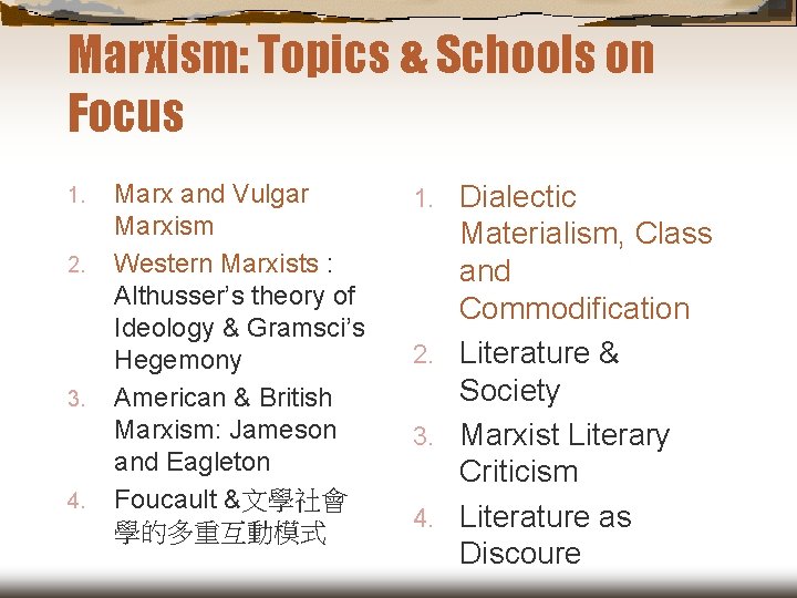 Marxism: Topics & Schools on Focus 1. 2. 3. 4. Marx and Vulgar Marxism