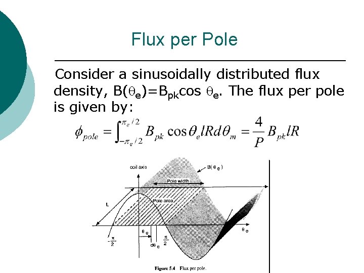 Flux per Pole Consider a sinusoidally distributed flux density, B( e)=Bpkcos e. The flux