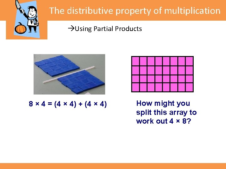 The distributive property of multiplication Using Partial Products 8 × 4 = (4 ×