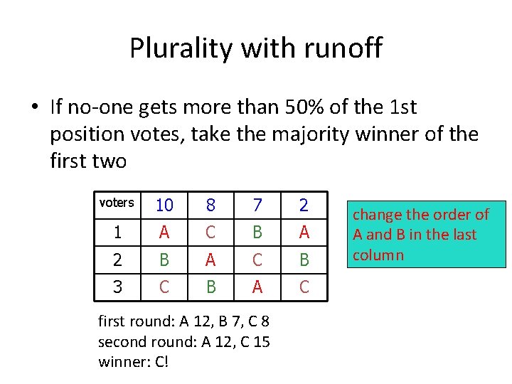 Plurality with runoff • If no-one gets more than 50% of the 1 st