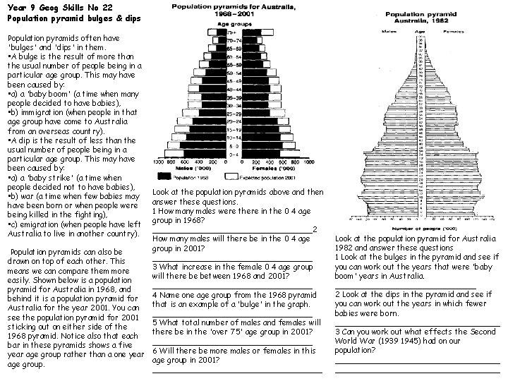 Year 9 Geog Skills No 22 Population pyramid bulges & dips Population pyramids often