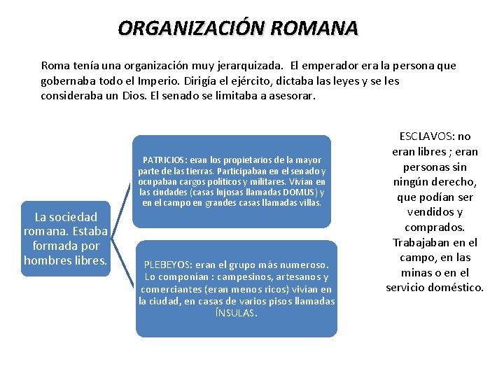 ORGANIZACIÓN ROMANA Roma tenía una organización muy jerarquizada. El emperador era la persona que