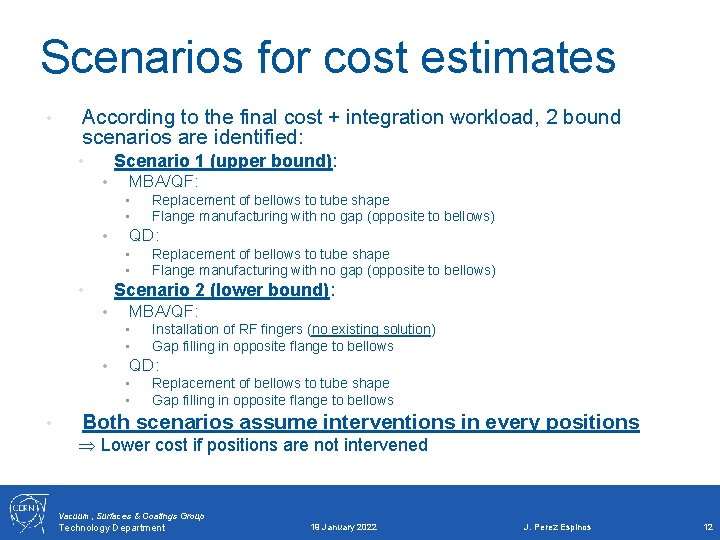 Scenarios for cost estimates • According to the final cost + integration workload, 2