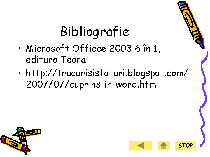 Bibliografie • Microsoft Officce 2003 6 în 1, editura Teora • http: //trucurisisfaturi. blogspot.