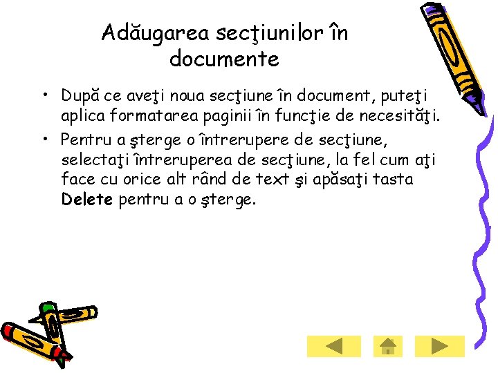 Adăugarea secţiunilor în documente • După ce aveţi noua secţiune în document, puteţi aplica