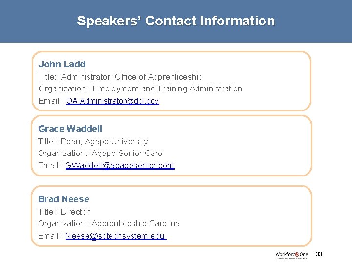 Speakers’ Contact Information Stephen Tucker John Ladd Title: Administrator, Office of Apprenticeship Organization: Employment