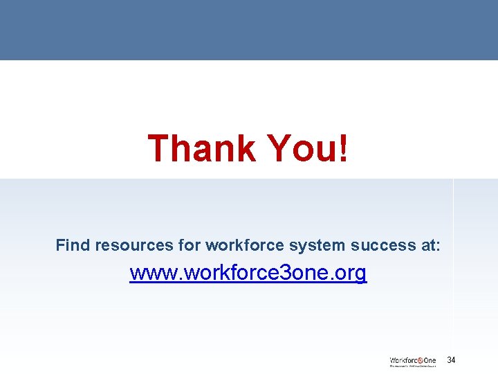 Thank You! Find resources for workforce system success at: www. workforce 3 one. org