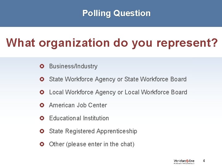 Polling Question What organization do you represent? £ Business/Industry £ State Workforce Agency or