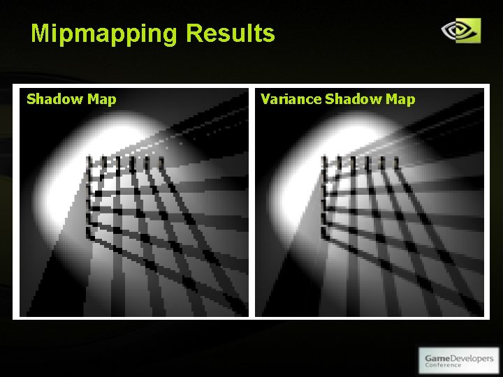 Mipmapping Results Shadow Map Copyright © NVIDIA Corporation 2004 Variance Shadow Map Mipmapping Results Shadow Map Copyright © NVIDIA Corporation 2004 Variance Shadow Map