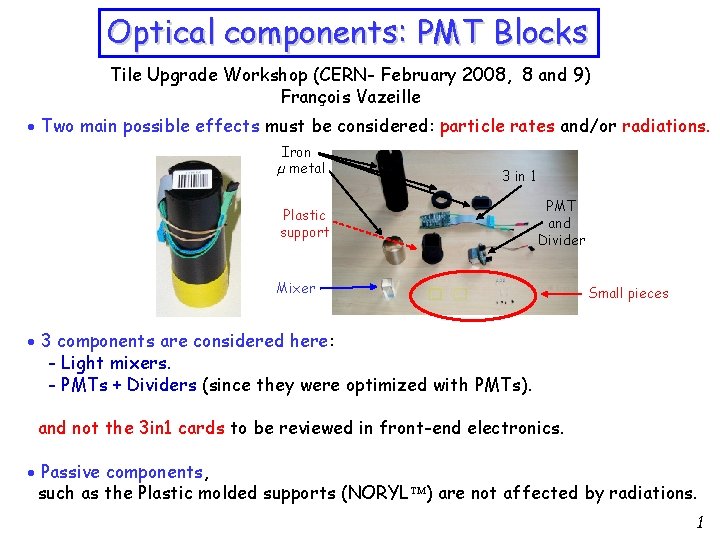 Optical components: PMT Blocks Tile Upgrade Workshop (CERN- February 2008, 8 and 9) François