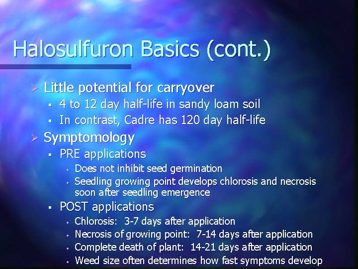 Halosulfuron Basics (cont. ) Ø Little potential for carryover § § Ø 4 to