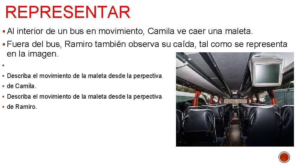 REPRESENTAR § Al interior de un bus en movimiento, Camila ve caer una maleta. REPRESENTAR § Al interior de un bus en movimiento, Camila ve caer una maleta.