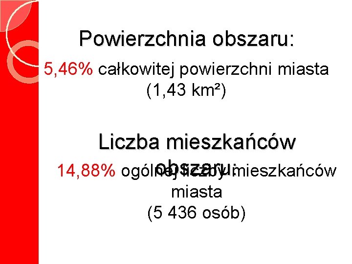 Powierzchnia obszaru: 5, 46% całkowitej powierzchni miasta (1, 43 km²) Liczba mieszkańców obszaru: 14,