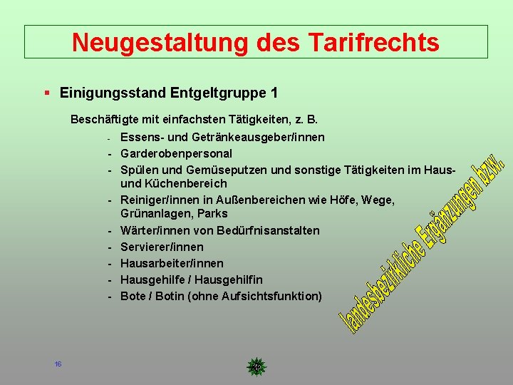 Neugestaltung des Tarifrechts Einigungsstand Entgeltgruppe 1 Beschäftigte mit einfachsten Tätigkeiten, z. B. - -