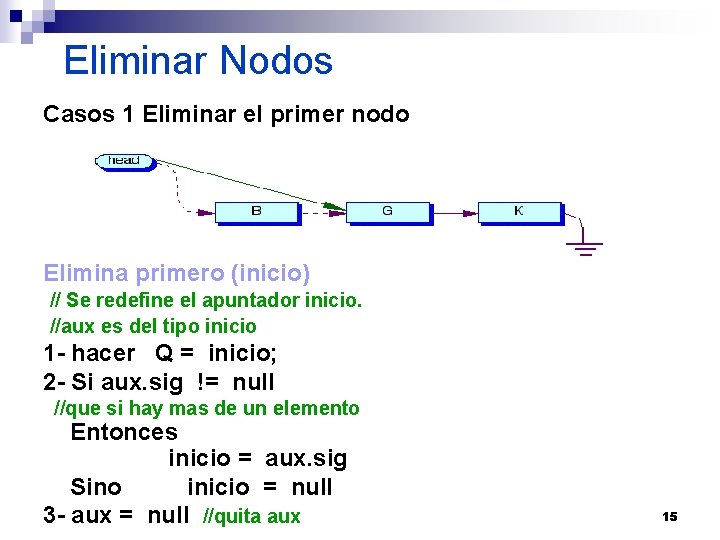 Eliminar Nodos Casos 1 Eliminar el primer nodo Elimina primero (inicio) // Se redefine