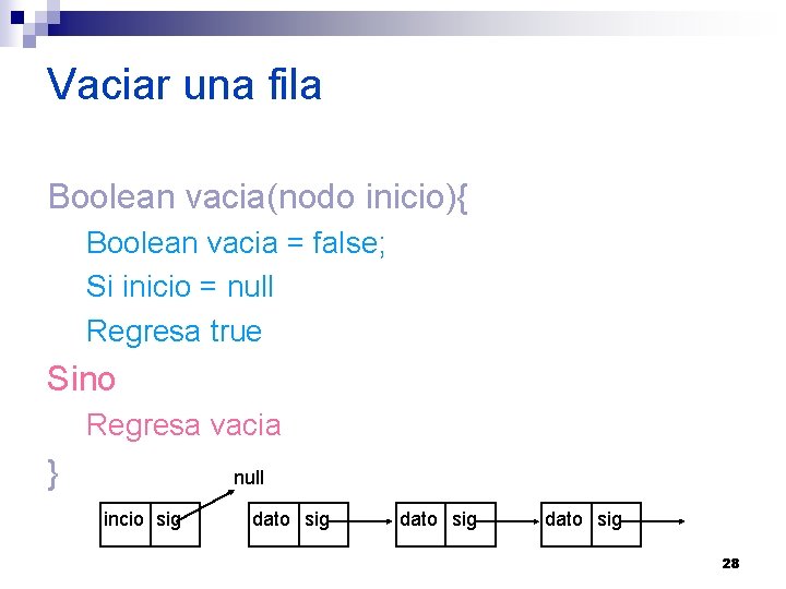 Vaciar una fila Boolean vacia(nodo inicio){ Boolean vacia = false; Si inicio = null