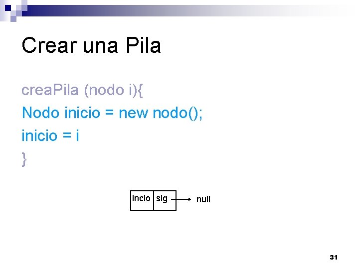 Crear una Pila crea. Pila (nodo i){ Nodo inicio = new nodo(); inicio =