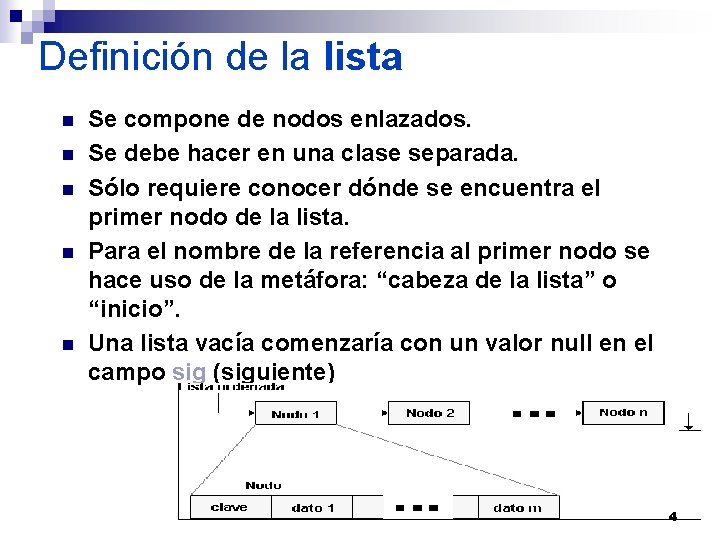 Definición de la lista n n n Se compone de nodos enlazados. Se debe